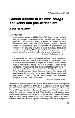 Chinua Achebe in Malawi: Things Fall Apart and Pan-Afrlcanlsm Femi Abodunrin