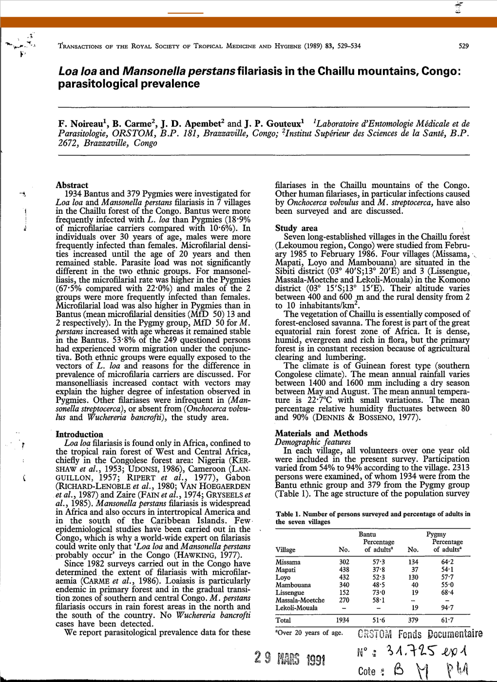 Loa Loa and Mansonella Perstans Filariasis in the Chaillu Mountains, Congo