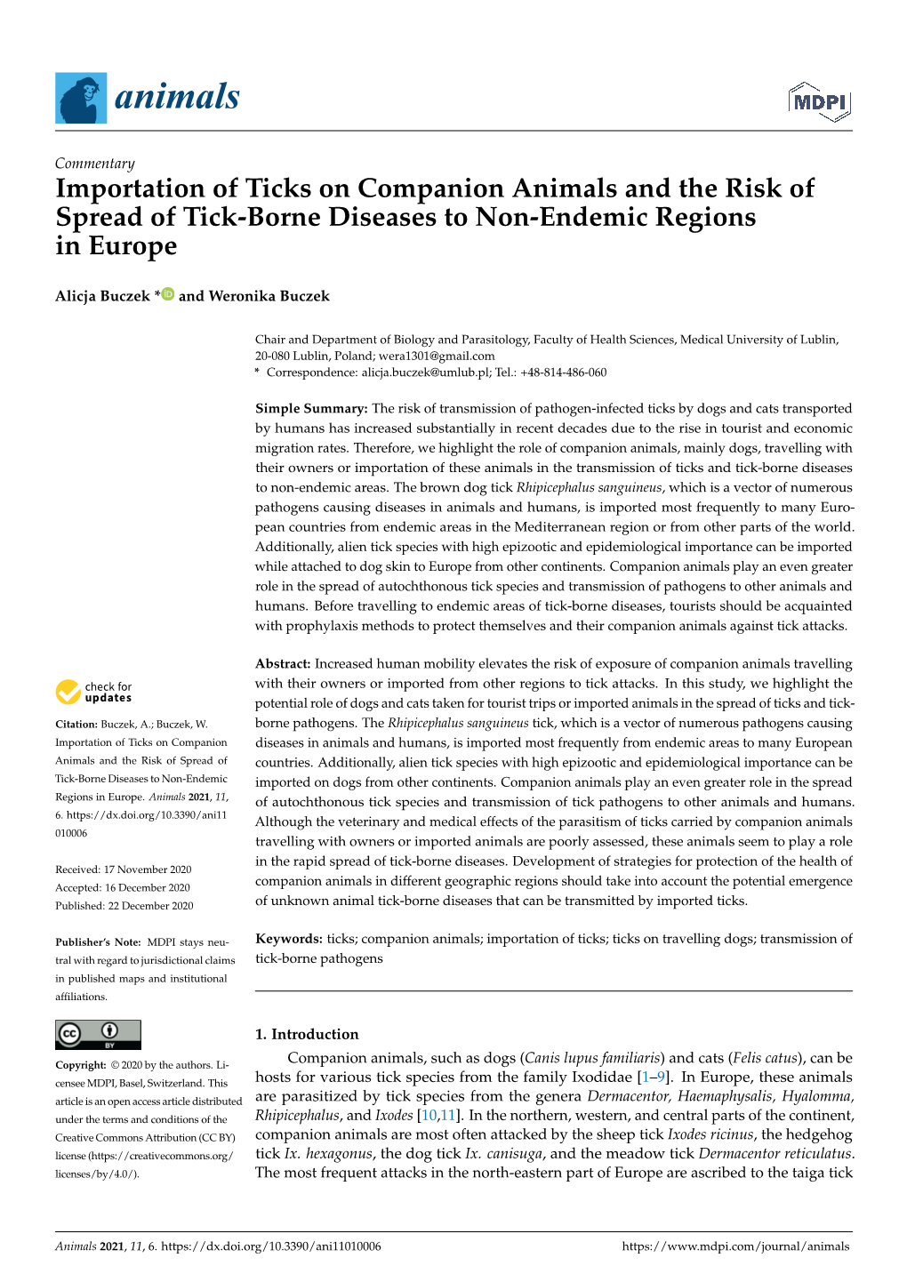 Importation of Ticks on Companion Animals and the Risk of Spread of Tick-Borne Diseases to Non-Endemic Regions in Europe