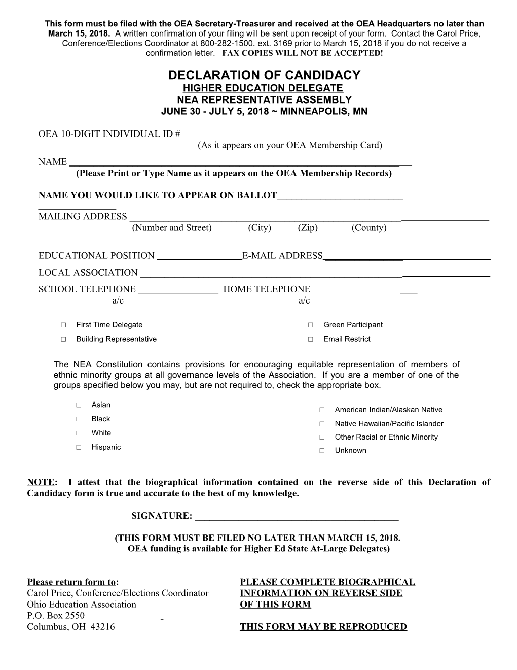 This Form Must Be Filed with the OEA Secretary Treasurer by March