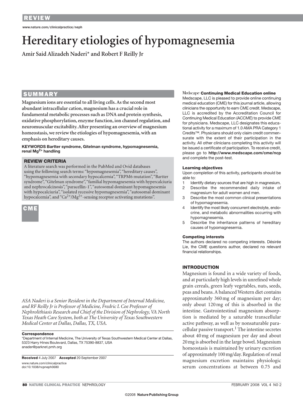 Hereditary Etiologies of Hypomagnesemia Amir Said Alizadeh Naderi* and Robert F Reilly Jr