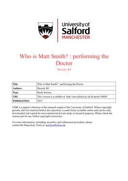 Who Is Matt Smith? : Performing the Doctor Hewett, RJ