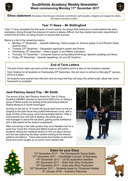 Southfields Academy Weekly Newsletter Week Commencing Monday 11Th December 2017