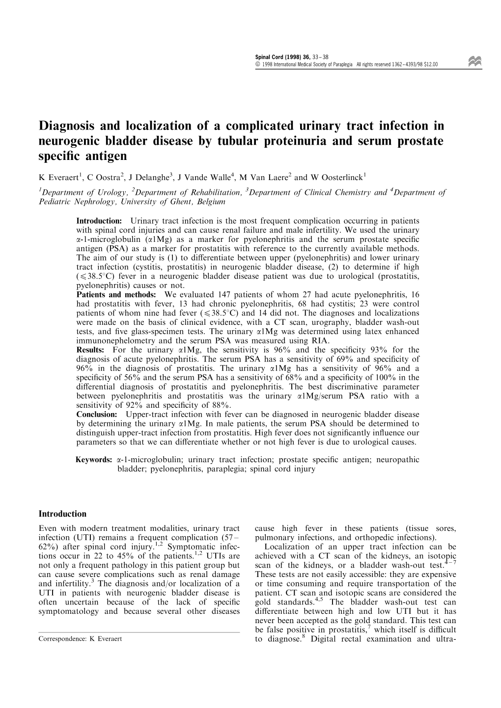 Diagnosis and Localization of a Complicated Urinary Tract Infection in Neurogenic Bladder Disease by Tubular Proteinuria and Serum Prostate Speci®C Antigen