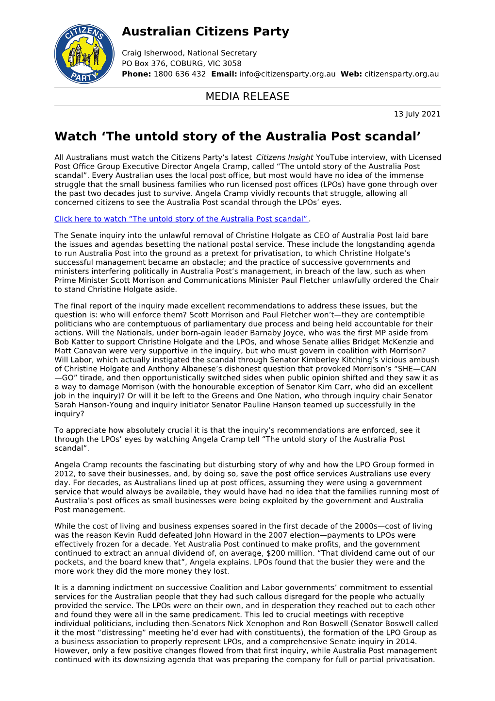 View, with Licensed Post Office Group Executive Director Angela Cramp, Called “The Untold Story of the Australia Post Scandal”
