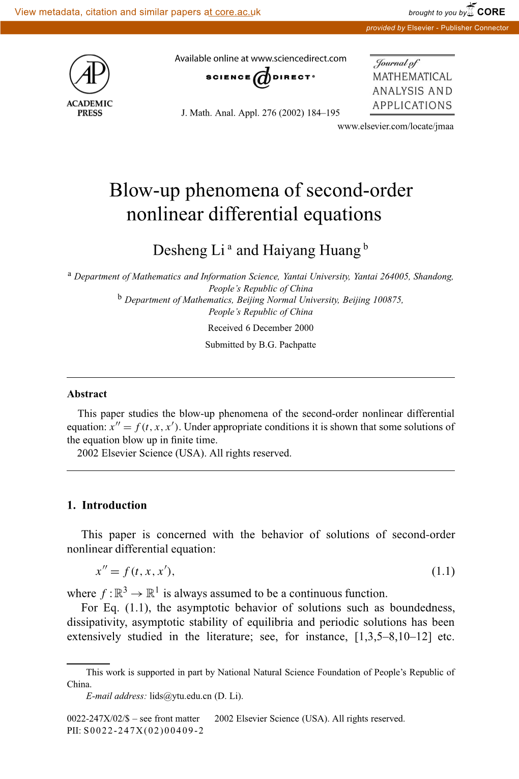 Blow-Up Phenomena of Second-Order Nonlinear Differential Equations ✩