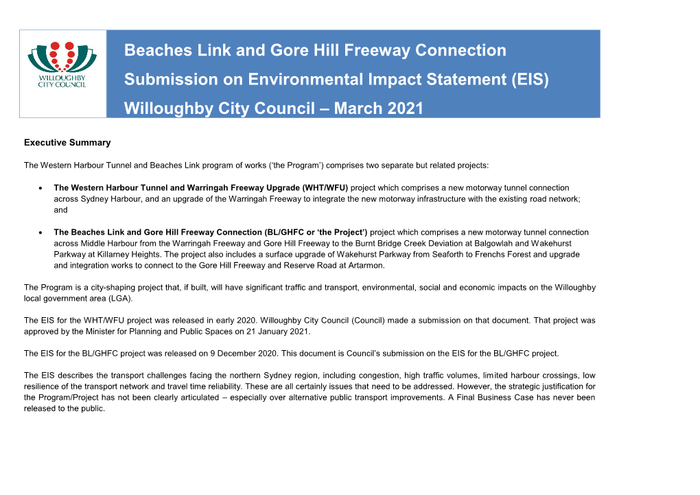 Beaches Link and Gore Hill Freeway Connection Submission on Environmental Impact Statement