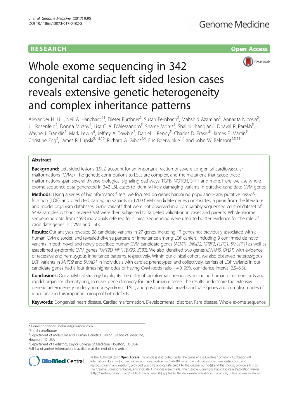 Whole Exome Sequencing in 342 Congenital Cardiac Left Sided Lesion Cases Reveals Extensive Genetic Heterogeneity and Complex Inheritance Patterns Alexander H