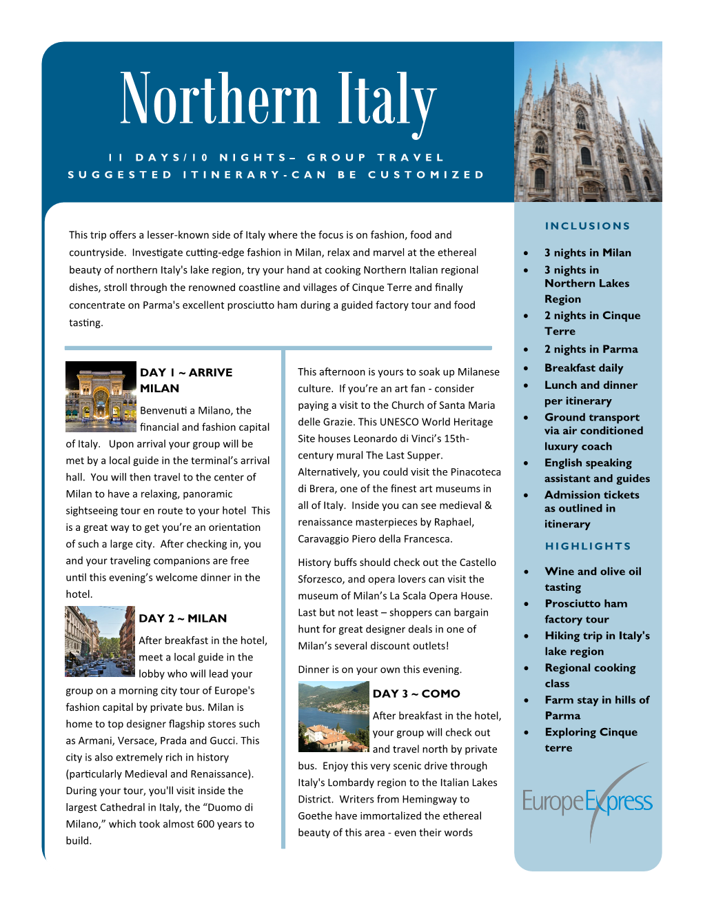 3 Nights in Milan • 3 Nights in Northern Lakes Region • 2 Nights in Cinque