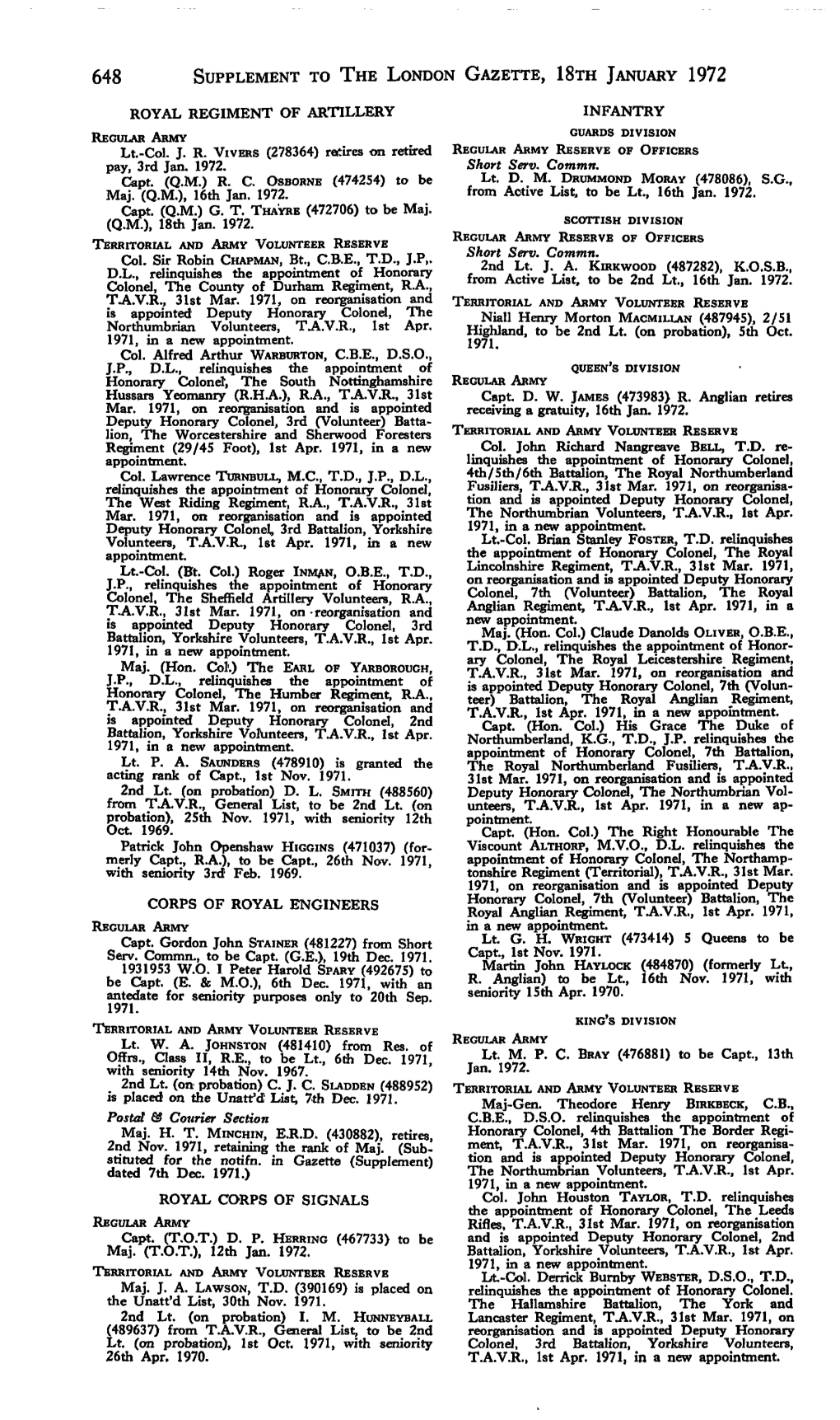 Supplement to the London Gazette, 18Th January 1972