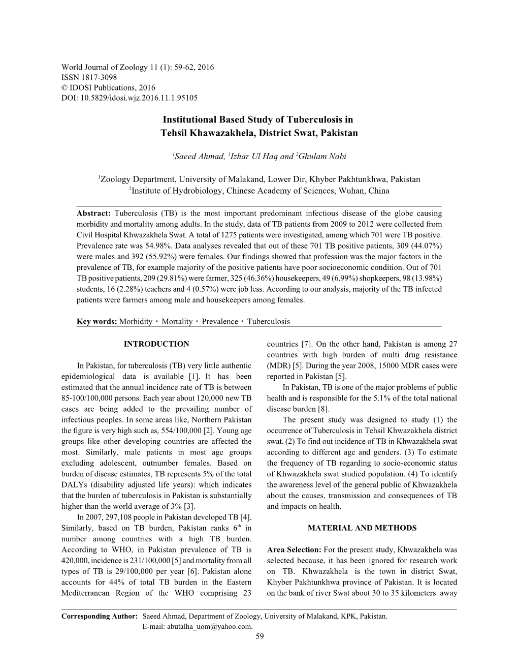 Institutional Based Study of Tuberculosis in Tehsil Khawazakhela, District Swat, Pakistan