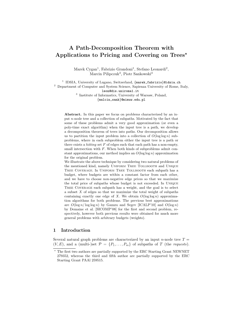 A Path-Decomposition Theorem with Applications to Pricing and Covering on Trees?