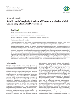 Research Article Stability and Complexity Analysis of Temperature Index Model Considering Stochastic Perturbation
