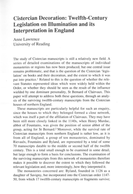 Cistercian Decoration: Twelfth-Century Legislation on Iiiumination and Its Interpretation in England