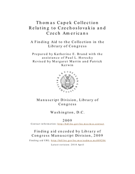 Thomas Capek Collection Relating to Czechoslovakia and Czech Americans