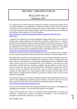 HISTORIC LIBRARIES FORUM BULLETIN NO. 24 February 2013