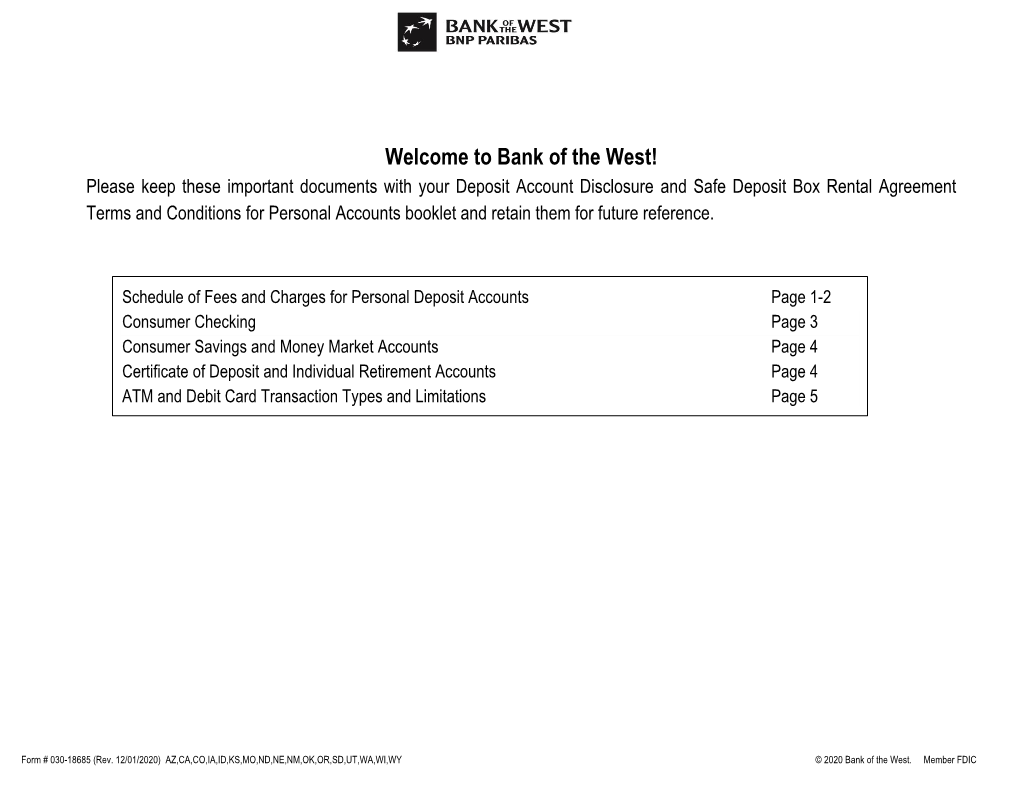 Schedule of Fees and Charges for Personal Deposit Accounts