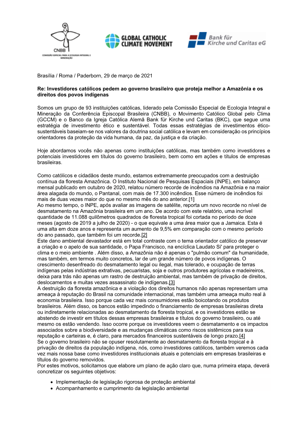 Brasília / Roma / Paderborn, 29 De Março De 2021 Re: Investidores Católicos Pedem Ao Governo Brasileiro Que Proteja Melhor A