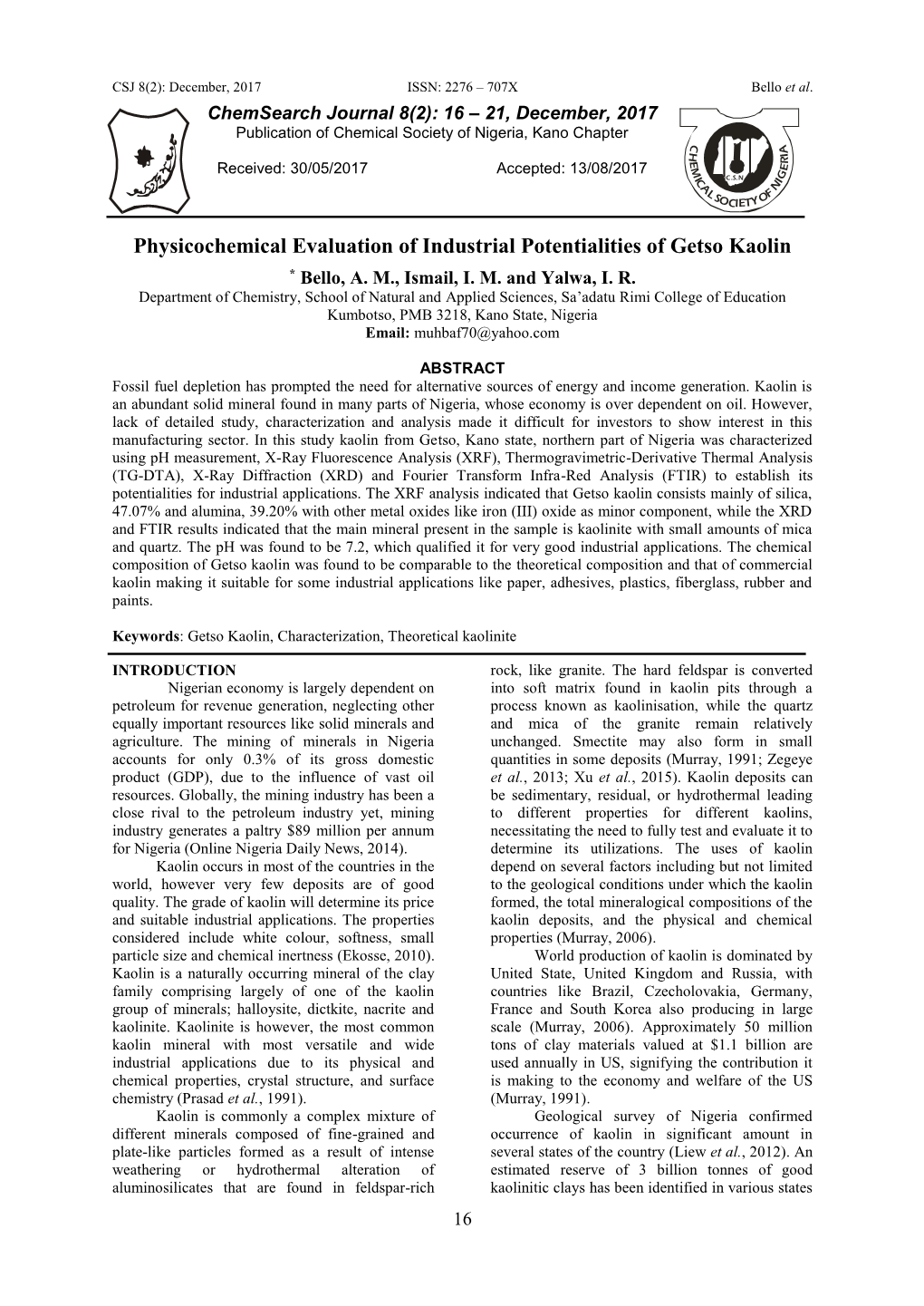 Physicochemical Evaluation of Industrial Potentialities of Getso Kaolin