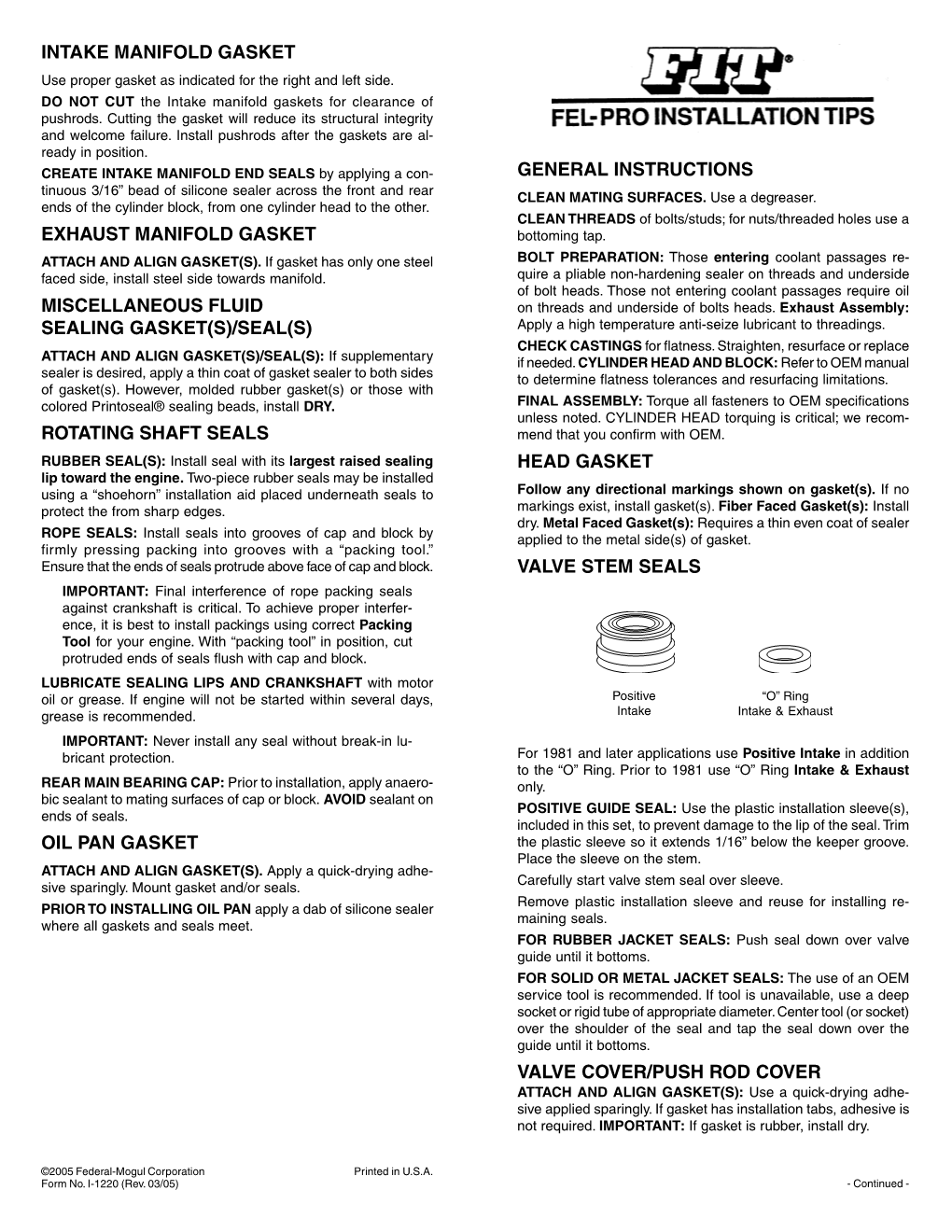 General Instructions Head Gasket Valve Stem