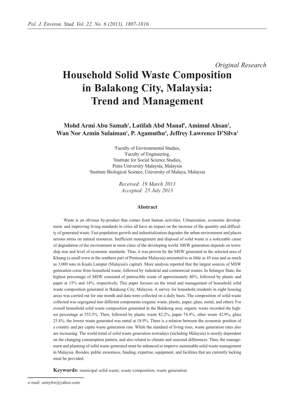 Household Solid Waste Composition in Balakong City, Malaysia: Trend and Management