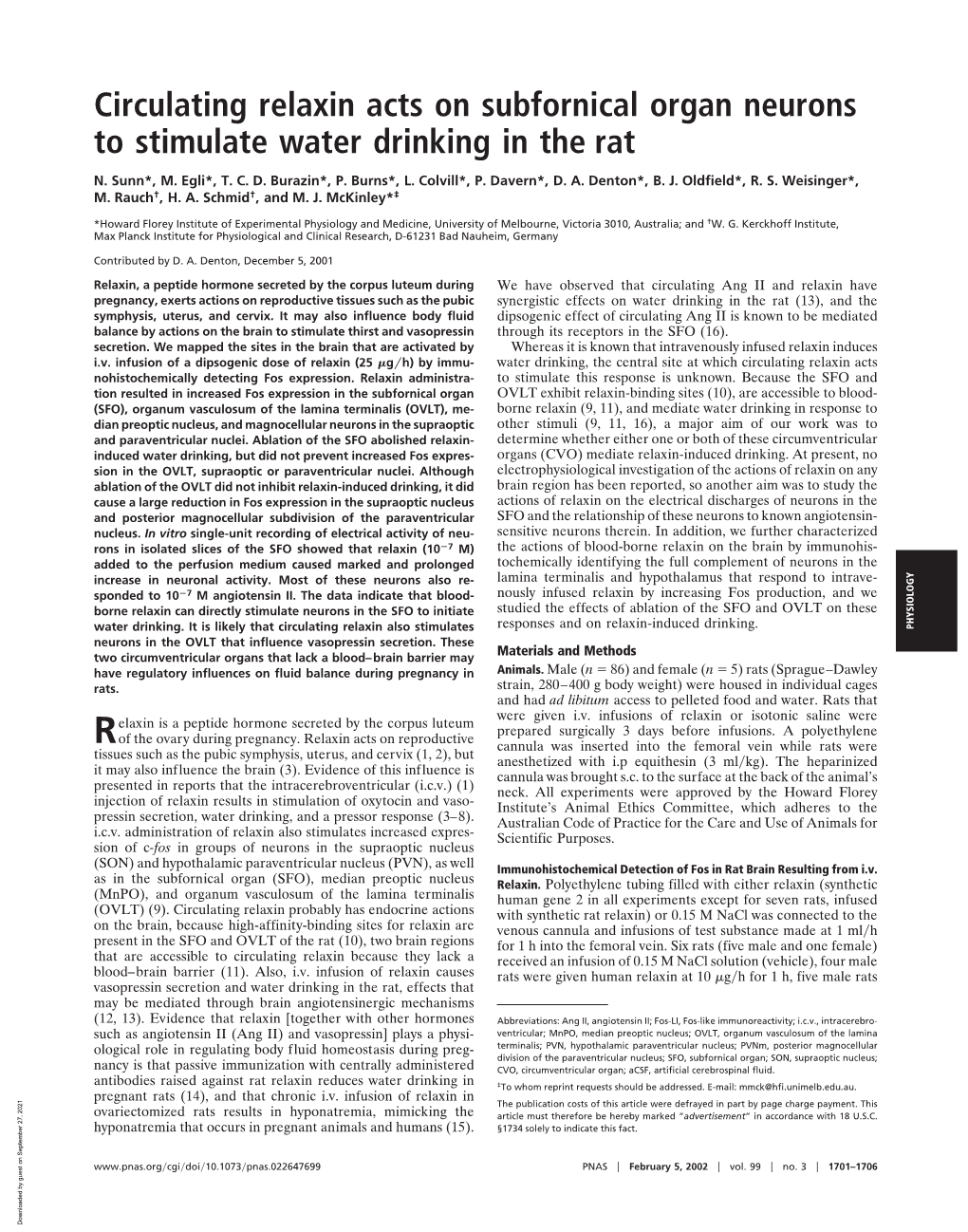 Circulating Relaxin Acts on Subfornical Organ Neurons to Stimulate Water Drinking in the Rat