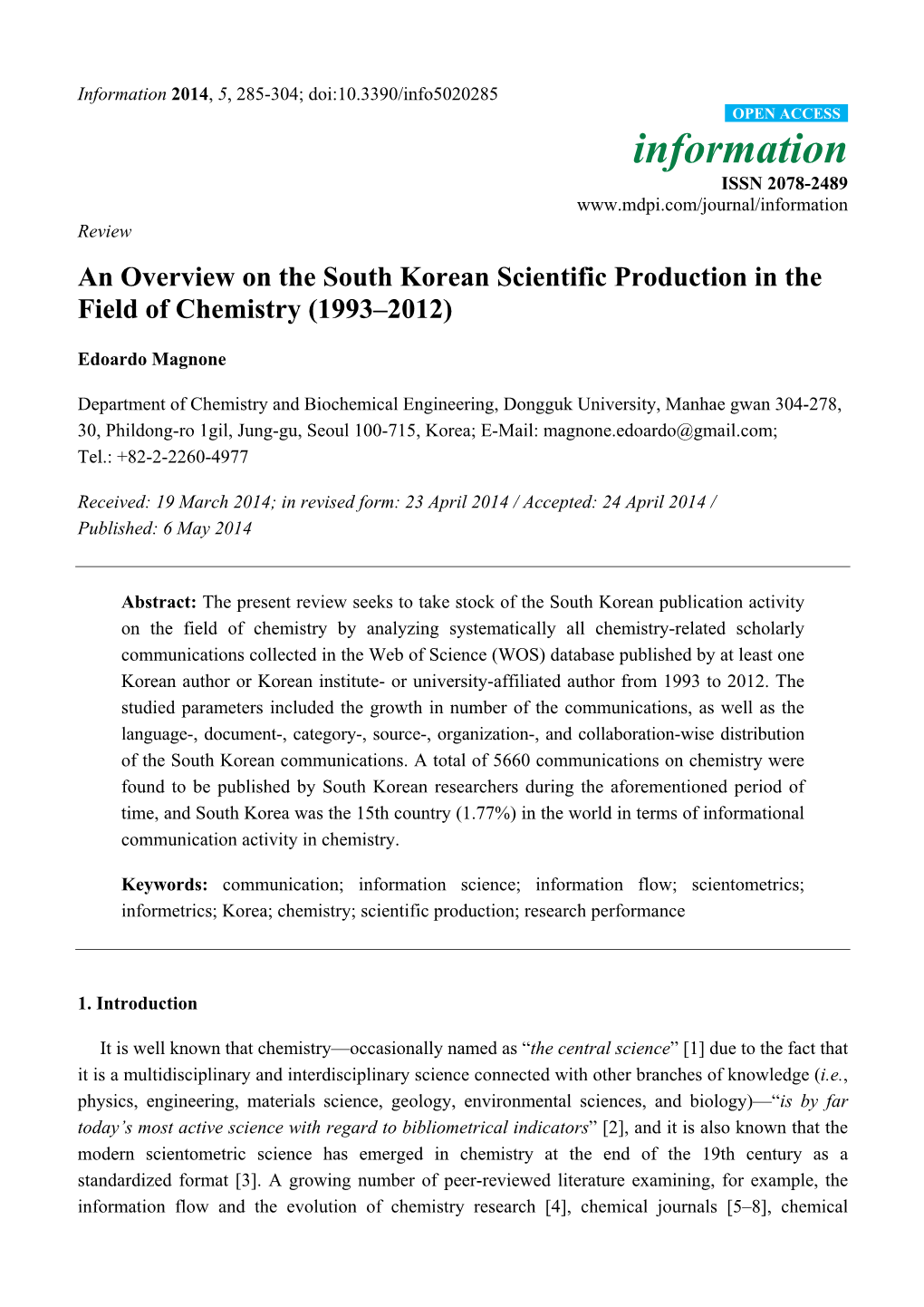 An Overview on the South Korean Scientific Production in the Field of Chemistry (1993–2012)