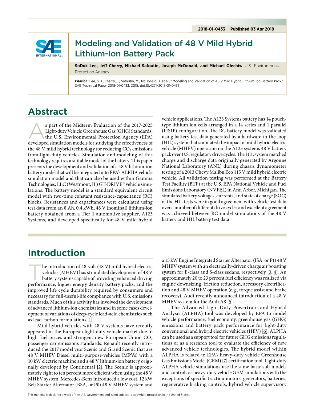 Modeling and Validation of 48 V Mild Hybrid Lithium-Ion Battery Pack,” SAE Technical Paper 2018-01-0433, 2018, Doi:10.4271/2018-01-0433