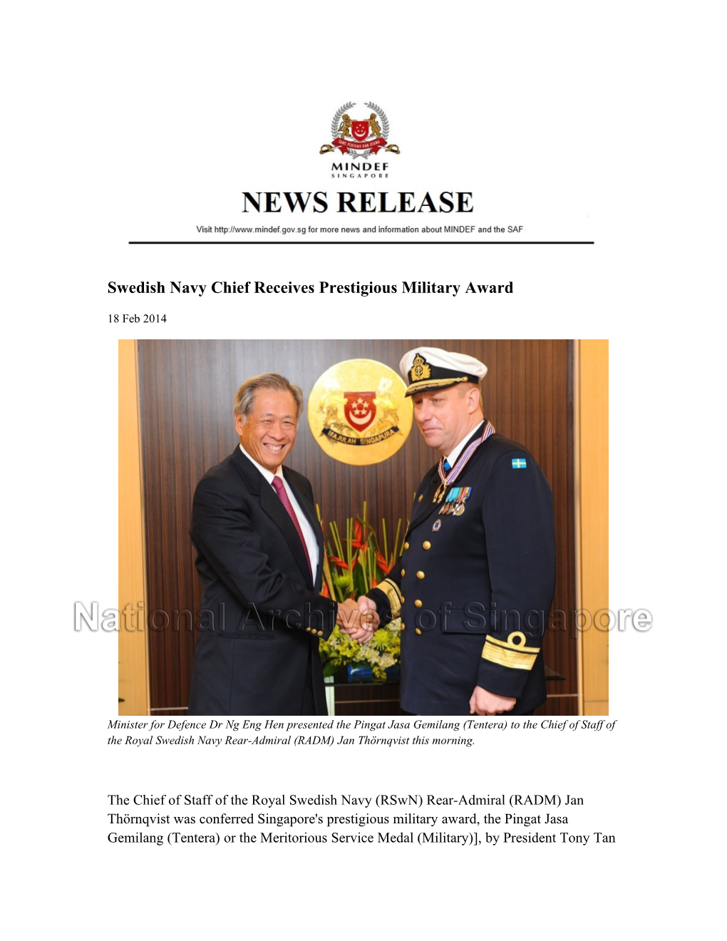 Swedish Navy Chief Receives Prestigious Military Award