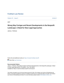 Wrong Way Corrigan and Recent Developments in the Nonprofit Landscape: a Need for New Legal Approaches