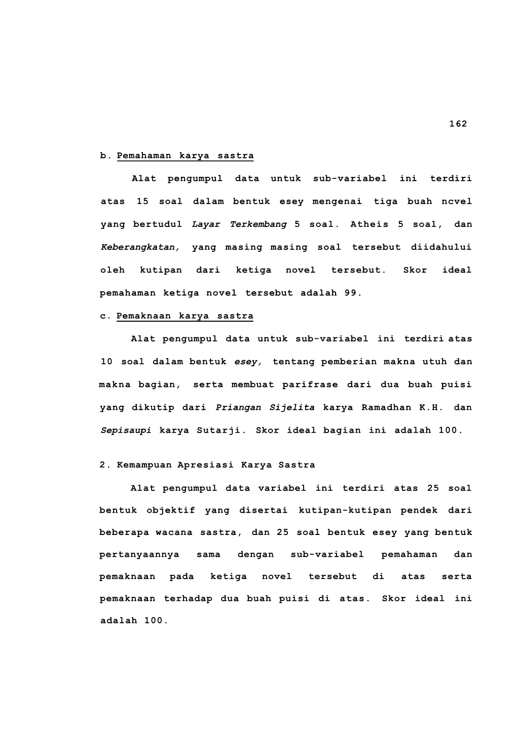 162 B. Pemahaman Karya Sastra Alat Pengumpul Data Untuk Sub-Variabel