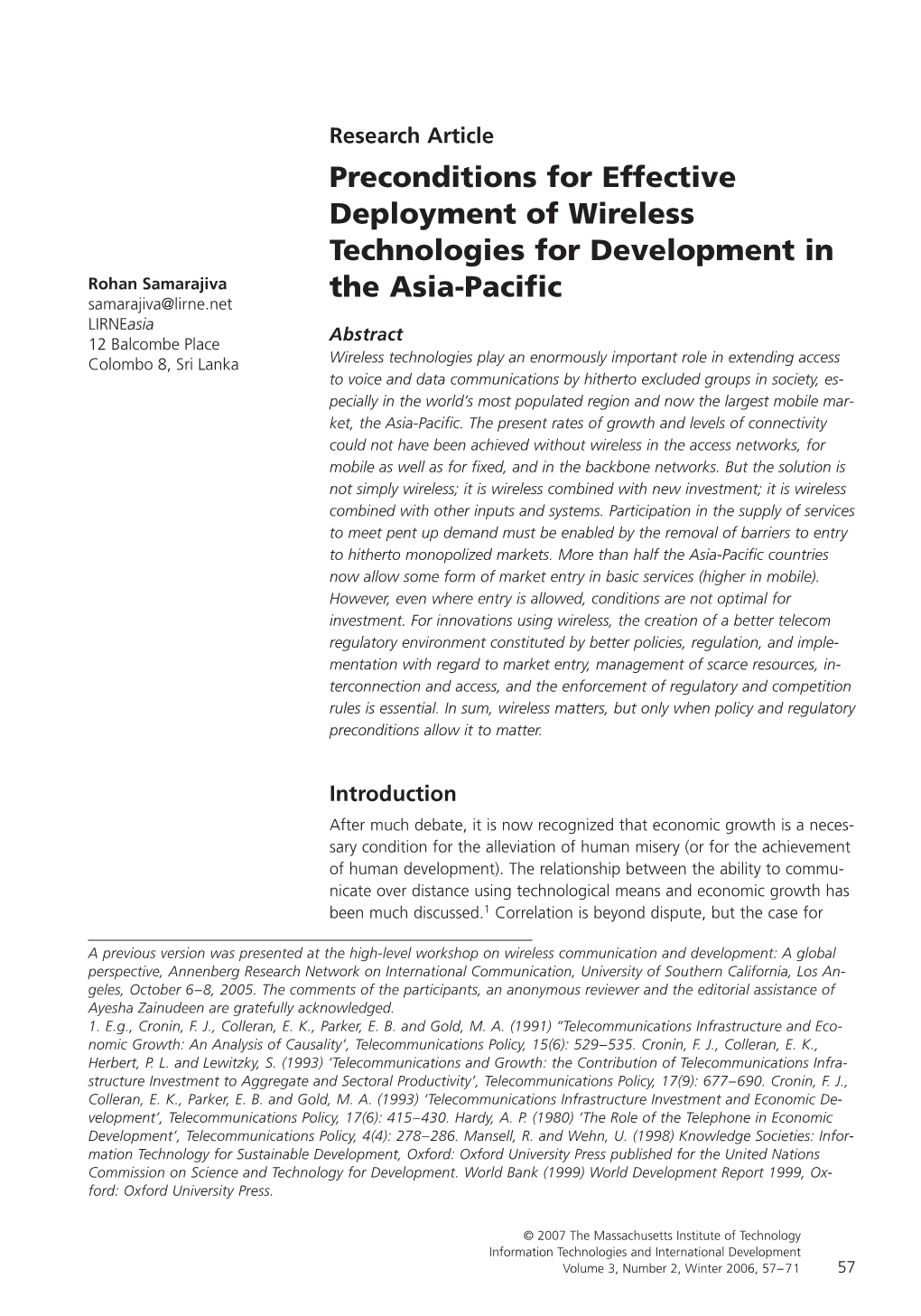 Preconditions for Effective Deployment of Wireless Technologies for Development SAMARAJIVA