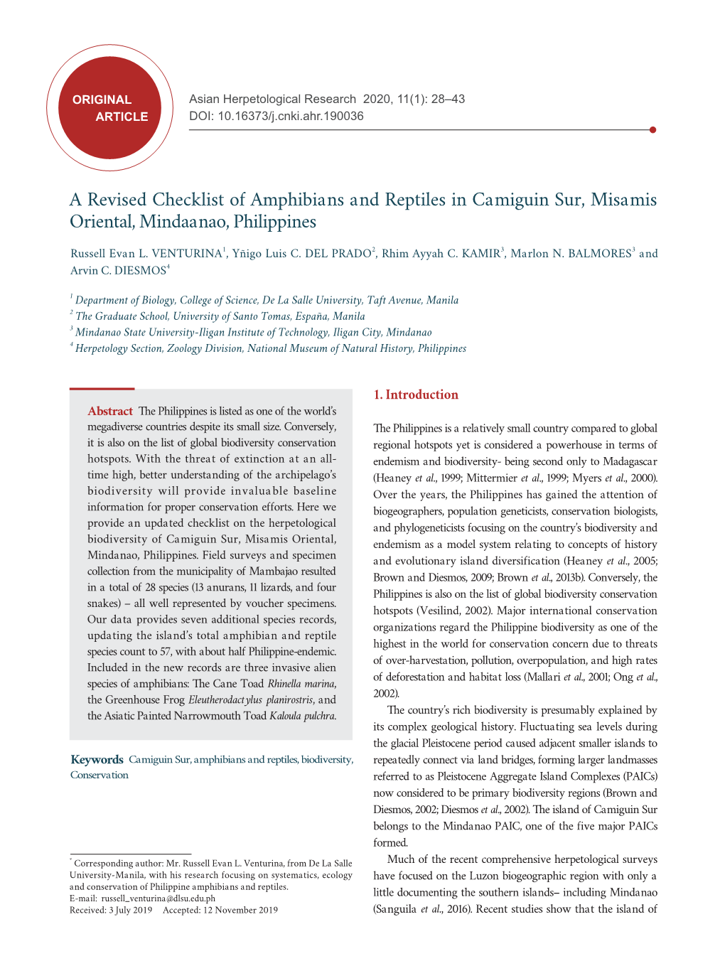 A Revised Checklist of Amphibians and Reptiles in Camiguin Sur, Misamis Oriental, Mindaanao, Philippines