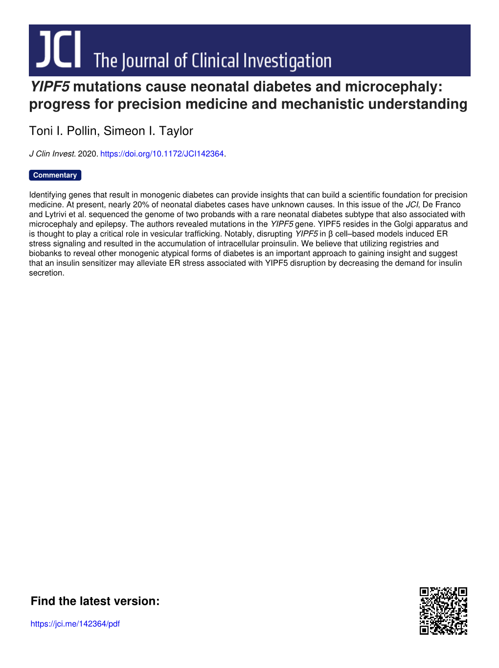 YIPF5 Mutations Cause Neonatal Diabetes and Microcephaly: Progress for Precision Medicine and Mechanistic Understanding