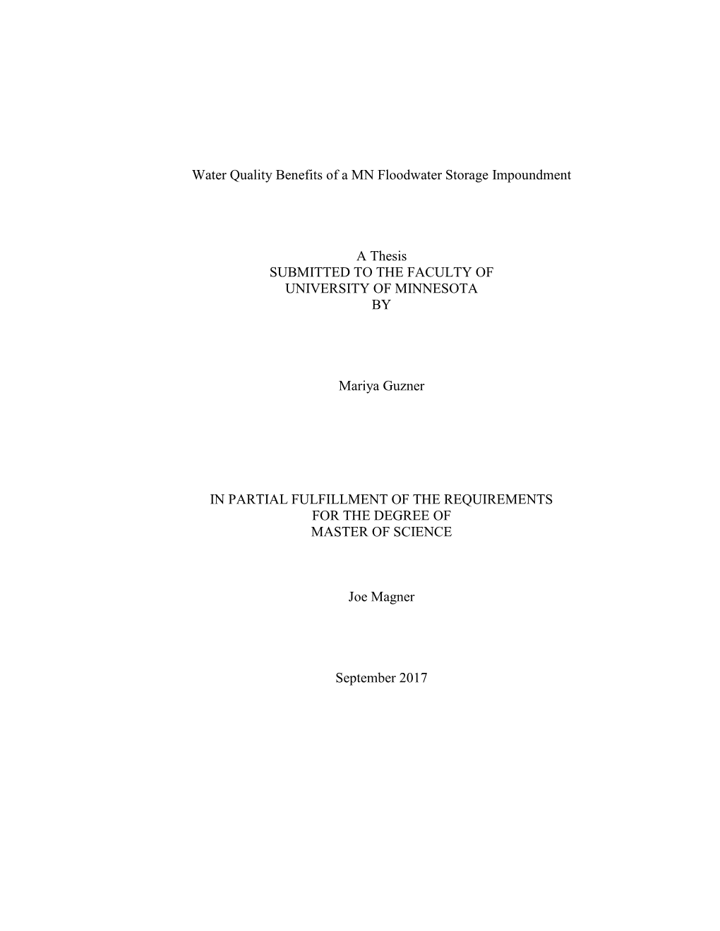 Water Quality Benefits of a MN Floodwater Storage Impoundment