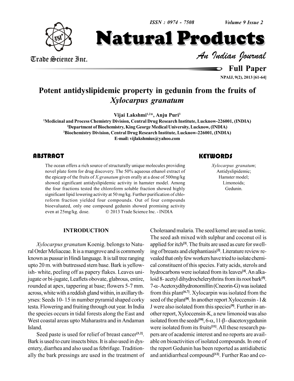 Potent Antidyslipidemic Property in Gedunin from the Fruits of Xylocarpus Granatum