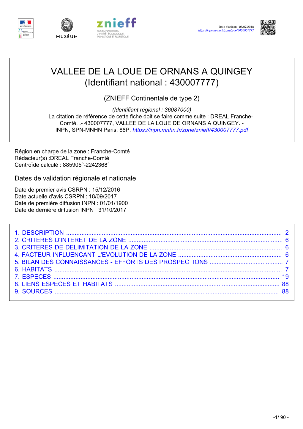 VALLEE DE LA LOUE DE ORNANS a QUINGEY (Identifiant National : 430007777)