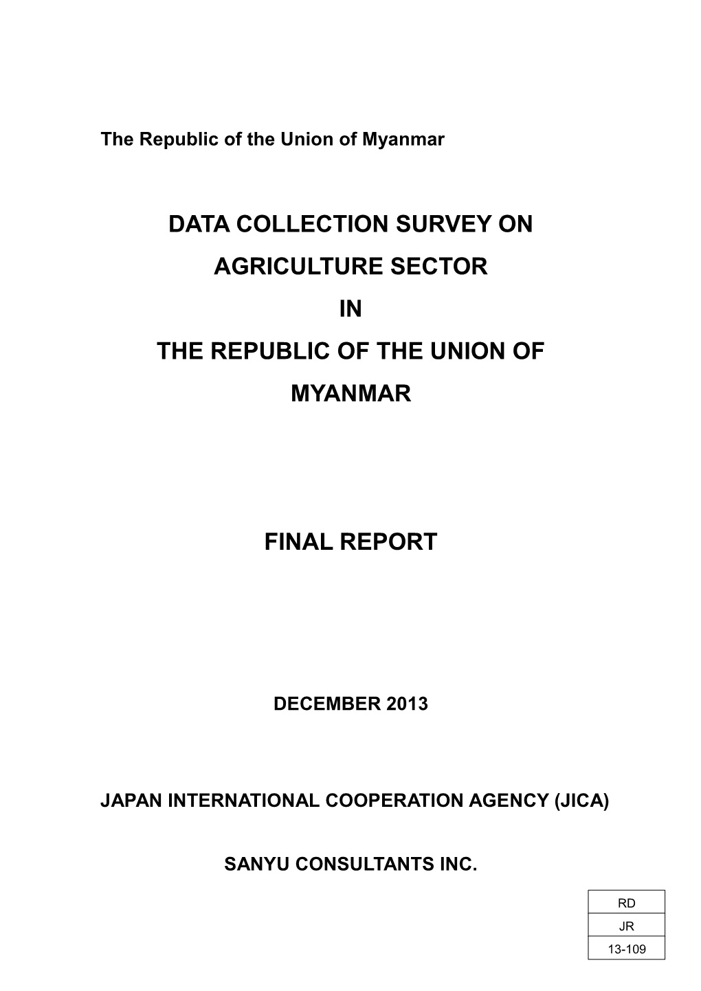 Data Collection Survey on Agriculture Sector in the Republic of the Union of Myanmar