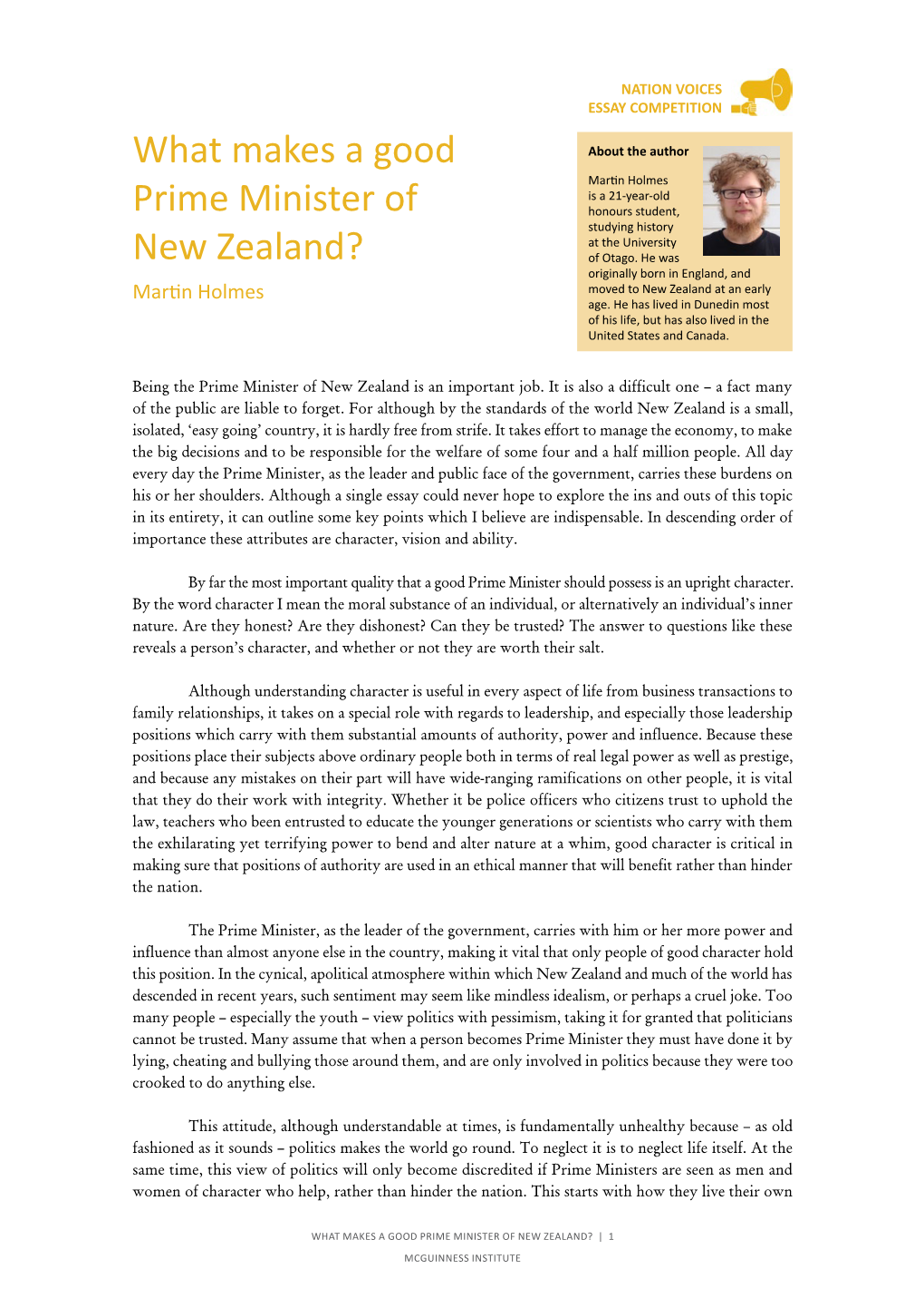 WHAT MAKES a GOOD PRIME MINISTER of NEW ZEALAND? | 1 MCGUINNESS INSTITUTE NATION VOICES ESSAY COMPETITION Lives, and Is a Matter of Practising What One Is Preaching