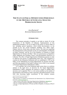 The Status of Equal Opportunities Ombudsman in the Republic of Lithuania: Selected Problematic Issues