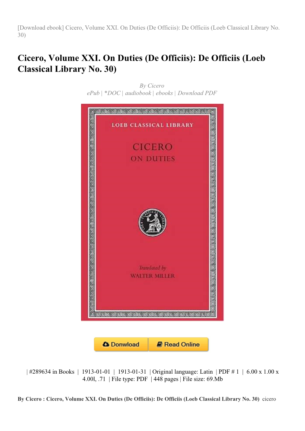 Cicero, Volume XXI. on Duties (De Officiis): De Officiis (Loeb Classical Library No