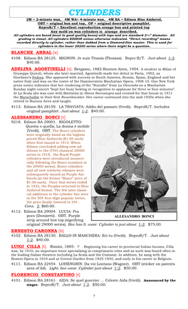 CYLINDERS 2M = 2-Minute Wax, 4M WA= 4-Minute Wax, 4M BA = Edison Blue Amberol, OBT = Original Box and Top, OP = Original Descriptive Pamphlet