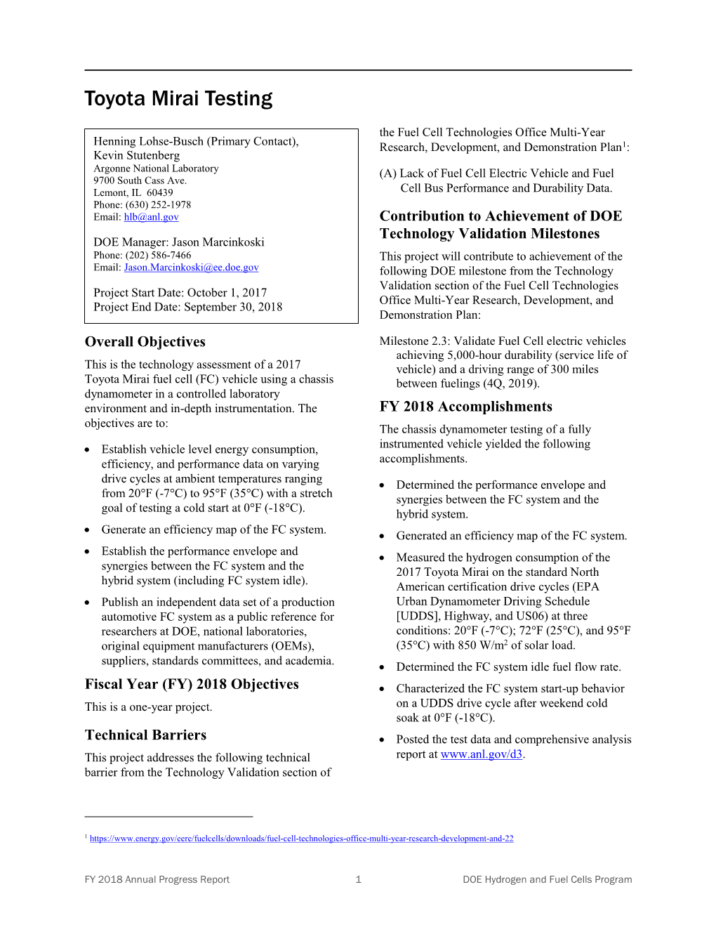 Toyota Mirai Testing; DOE Hydrogen and Fuel Cells Program FY 2018