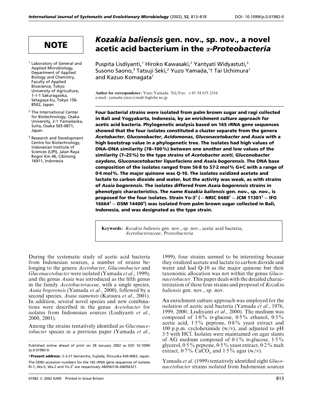 Kozakia Baliensis Gen. Nov., Sp. Nov., a Novel Acetic Acid Bacterium in the Α-Proteobacteria