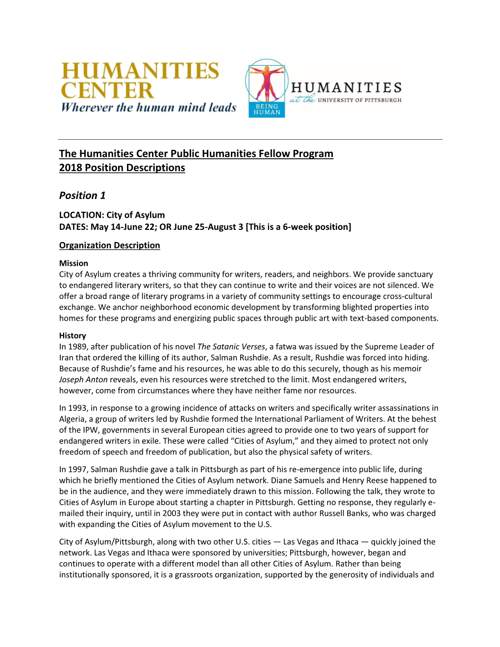 The Humanities Center Public Humanities Fellow Program 2018 Position Descriptions Position 1