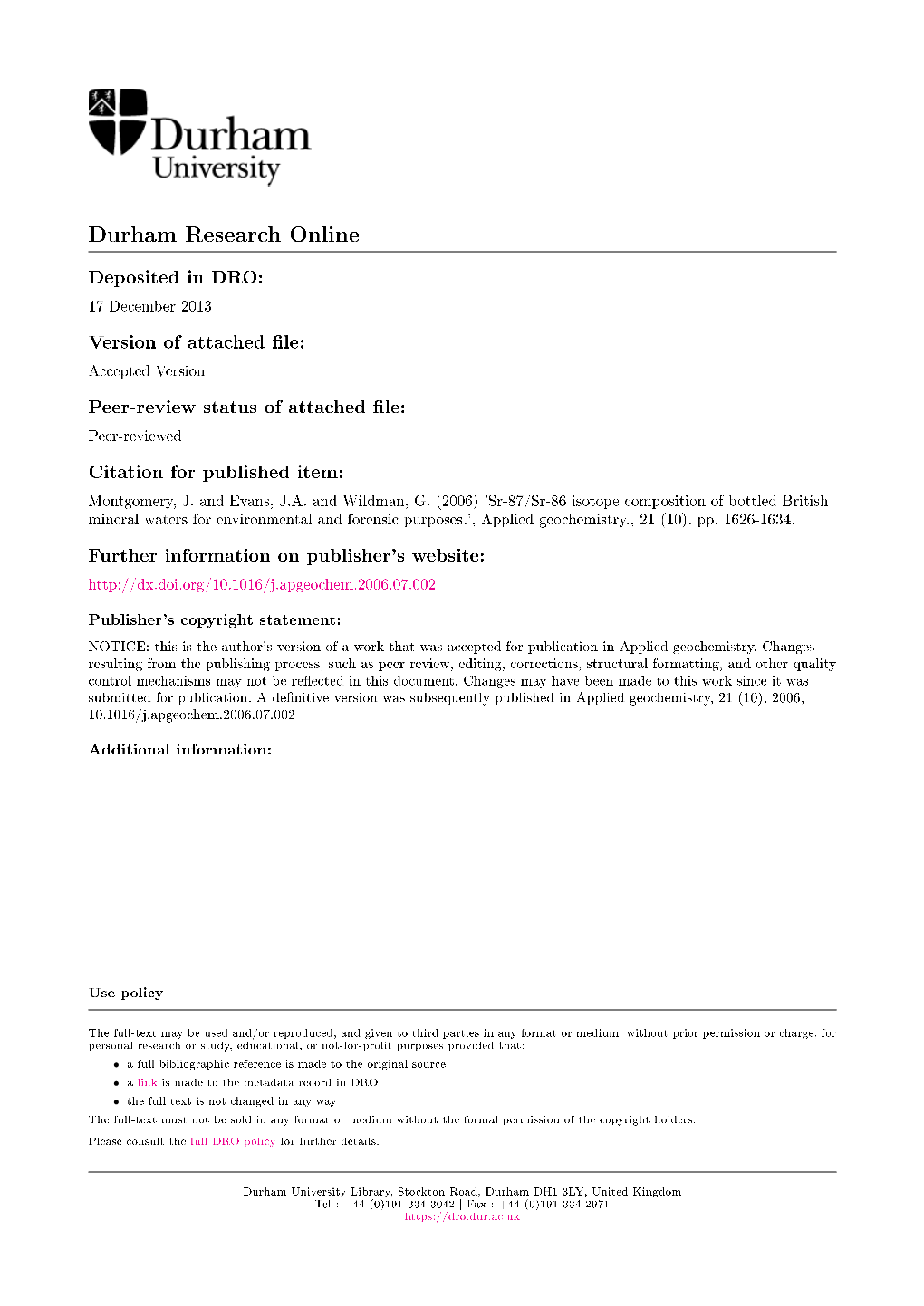 Sr Isotope Composition of Bottled British Mineral Waters for Environmental and Forensic Purposes