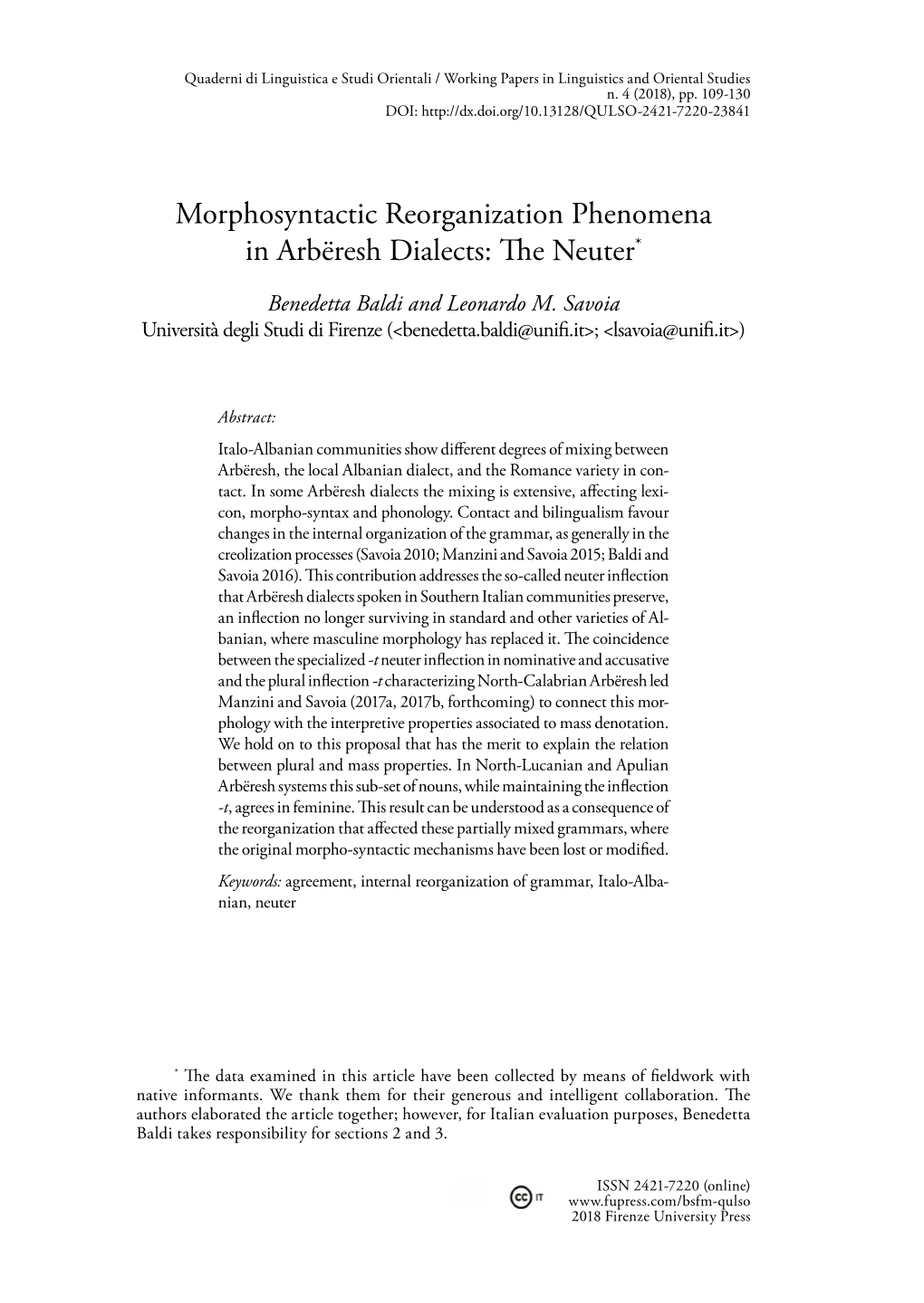 Morphosyntactic Reorganization Phenomena in Arbëresh Dialects: Th E Neuter*