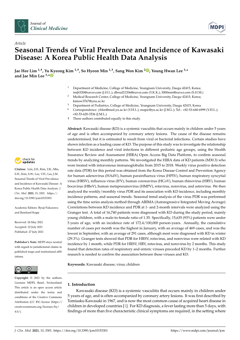 Seasonal Trends of Viral Prevalence and Incidence of Kawasaki Disease: a Korea Public Health Data Analysis