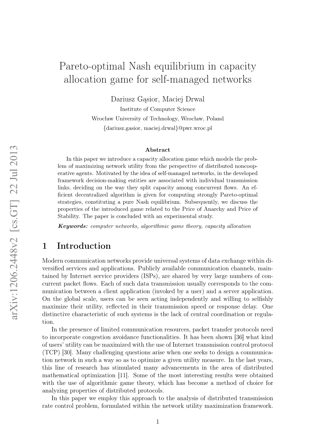 Pareto-Optimal Nash Equilibrium in Capacity Allocation Game for Self-Managed Networks