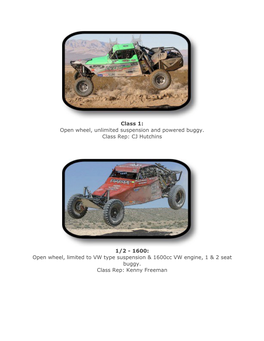Open Wheel, Unlimited Suspension and Powered Buggy. Class Rep: CJ Hutchins